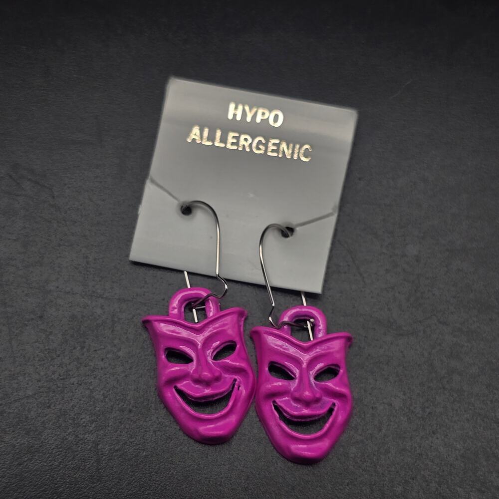 Pink Comedy Theater Mask Earrings Vintage 1980s NOS NWT On Card